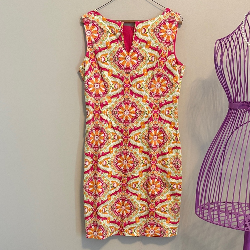 Chetta B Pink, Green and Orange Printed Sheath Dress